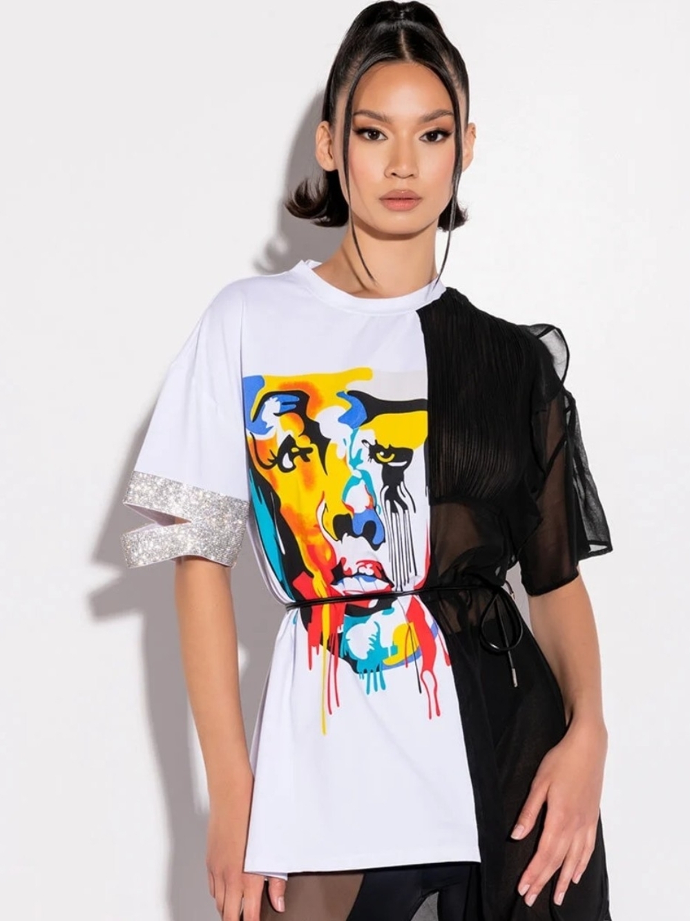 AKIRA White & Black Split Mini Dress with Multicolor Pop Art Face